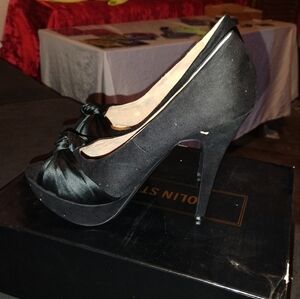 Black Chunky Platform Heels with White Stripe